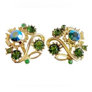 Vintage LISNER Green Rhinestone Gold Earrings Screw Back